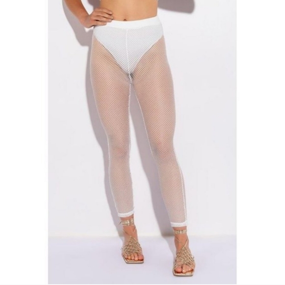 AKIRA Pants - New! White Fish Net Mesh Opaque Panty High Waist Leggings M Medium